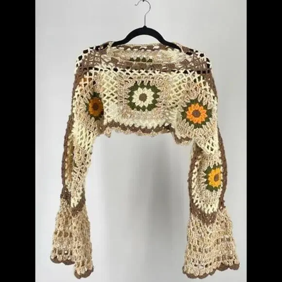 Vintage Crocheted Bell Sleeve Crop Top - Picture 2 of 5